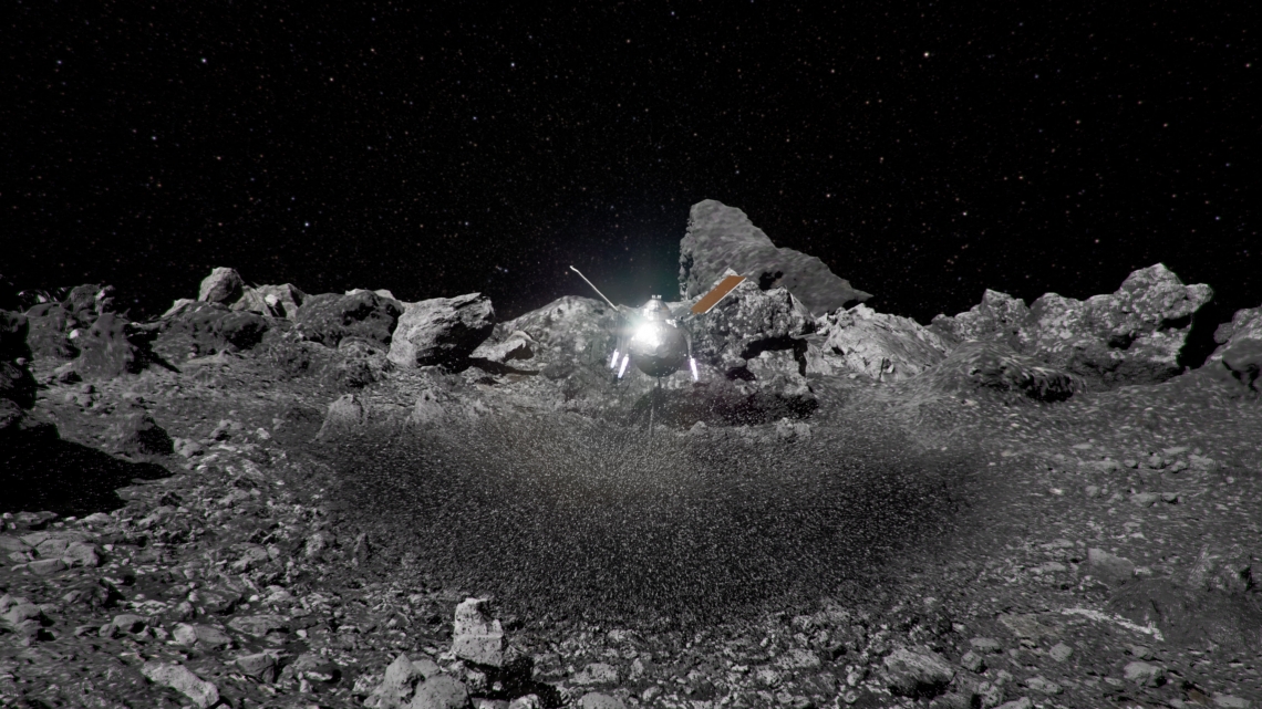 Artist's impression of the OSIRIS-REx spacecraft kicking up rocks during sample collection on asteroid Bennu's surface. NASA’s Goddard Space Flight Center/CI Lab/Jonathan North