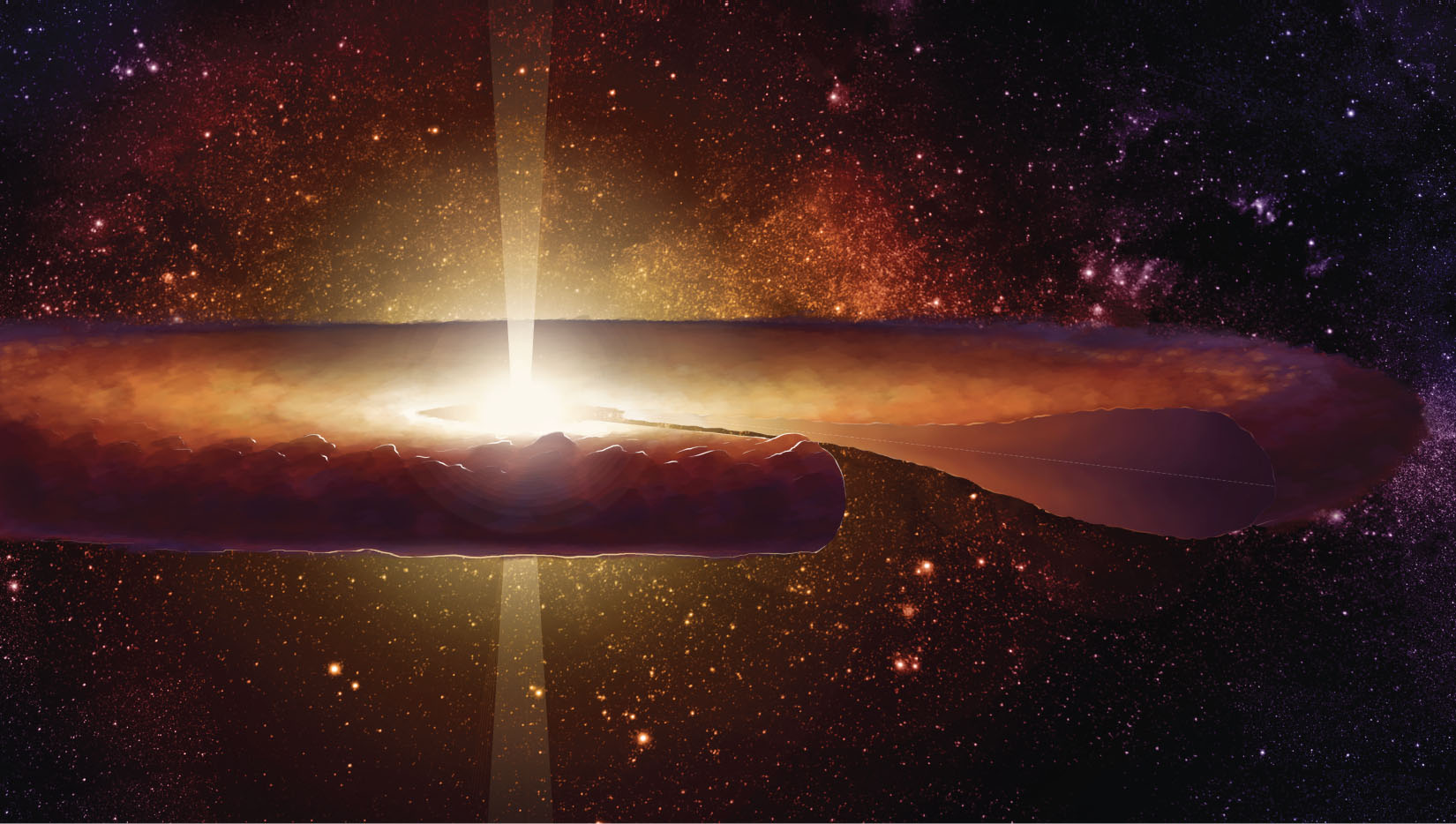Artist’s illustration of the early solar system, at a time when no planets had formed yet. A swirling cloud of gas and dust surrounded the young sun. The cutaway through this so-called protoplanetary disk shows its three-dimensional structure.