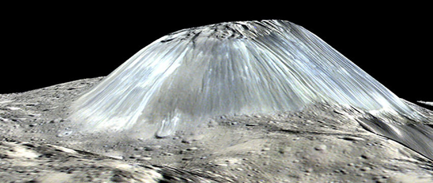 Ceres' lonely mountain, Ahuna Mons, is seen in this simulated perspective view. The elevation has been exaggerated by a factor of two. The view was made using enhanced-color images from NASA's Dawn mission. (Image: NASA)