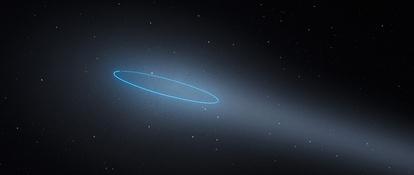 This artist’s impression shows the binary asteroid 288P, located in the main asteroid belt between the planets Mars and Jupiter. The object is unique as it is a binary asteroid that also behaves like a comet. The cometlike properties are the result of water sublimation, caused by the heat of the sun. The orbit of the asteroids is marked by a blue ellipse. (Image: ESA/Hubble, L. Calçada)