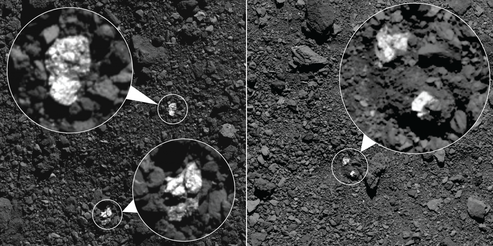 During spring 2019, NASA’s OSIRIS-REx spacecraft captured these images, which show fragments of asteroid Vesta present on asteroid Bennu’s surface. The bright boulders (circled in the images) are pyroxene-rich material from Vesta. Some bright material appear to be individual rocks (left) while others appear to be clasts within larger boulders (right).NASA/Goddard/University of Arizona