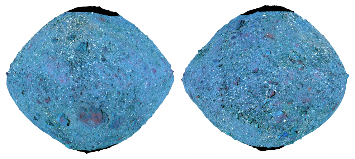 NASA’s OSIRIS-REx mission created these images using false-color Red-Green-Blue composites of asteroid Bennu. A 2D map and spacecraft imagery were overlaid on a shape model of the asteroid to create these false-color composites. In these composites, spectrally average and bluer-than-average terrain looks blue, and surfaces that are redder than average appear red. Bright green areas correspond to the instances of a mineral pyroxene, which likely came from a different asteroid, Vesta.