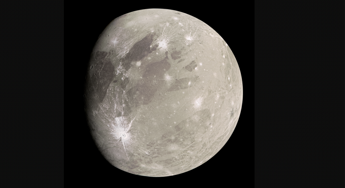 Image of Ganymede, the largest and most massive of Jupiter's moons.