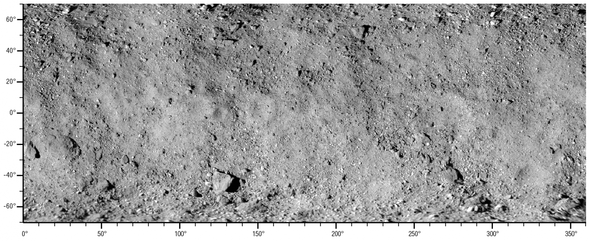 This global map of asteroid Bennu’s surface is a mosaic of images collected during OSIRIS-REx’s Preliminary Survey phase using the spacecraft’s long-range PolyCam camera. Latitude and longitude measurements are shown along the sides of the mosaic.NASA/Goddard/University of Arizona