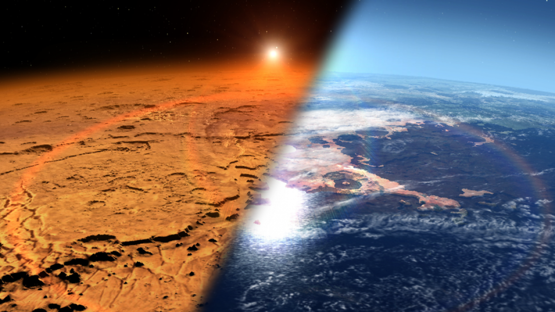 This artist's concept depicts the early Martian environment (right) – believed to contain liquid water and a thicker atmosphere – versus the cold, dry environment seen at Mars today (left). NASA's Goddard Space Flight Center