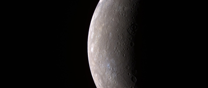 This image of Mercury was created using infrared, red and violet filters that capture wavelengths both visible and invisible to the human eye; the colors shown here are only slightly different from what the human eye would see. (Image credit: NASA/Johns Hopkins University APL/Carnegie Institute of Washington)