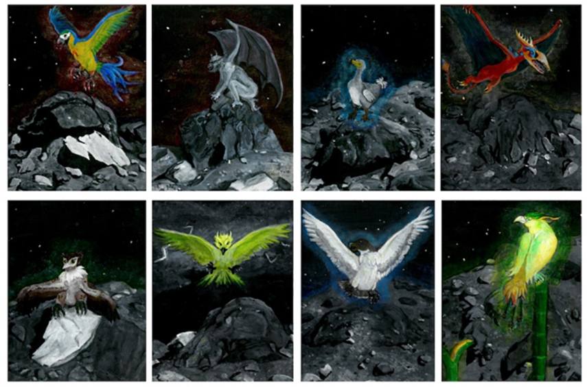 Zoe Zeszut painted mythological birds perched on the Bennu features that carry their names.