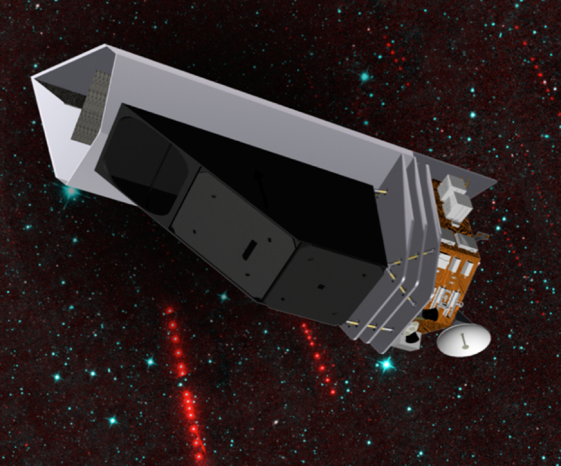 The NEO Surveyor infrared space telescope is optimized for finding, tracking and characterizing potentially hazardous asteroids and comets. The spacecraft’s sunshade (silver vertical part) blocks out sunlight and keeps the telescope shielded so that it can search for the faint heat signatures from Earth-approaching objects. The asteroids will appear as strings of dots (color-coded red in the background image) that will stand out against the background stars (color-coded blue). NASA/JPL