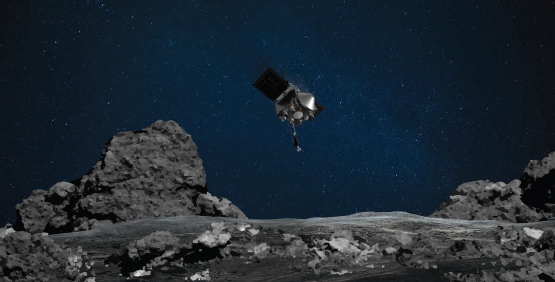 This artist's rendering shows the descending OSIRIS-REx spacecraft as it would have looked like to an observer standing on the surface of asteroid Bennu during the matchpoint rehearsal.NASA/Goddard/University of Arizona