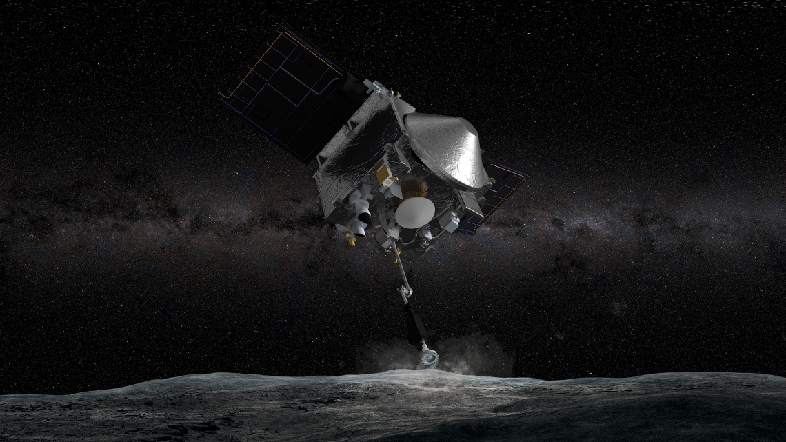 The OSIRIS-REx spacecraft, depicted in an artist rendering, uses its Touch-And-Go Sample Acquisition Mechanism to touch the surface of the asteroid Bennu to collect a sample. A new gift will help the OSIRIS-REx team purchase a tool to examine the sample when it returns to Earth in 2023.