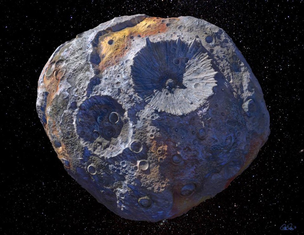 An artist’s concept of asteroid 16 Psyche. Maxar/ASU/P.Rubin/NASA/JPL-Caltech