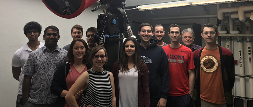 Undergraduate students from a class co-taught by Walt Harris and Vishnu Reddy at the RAPTORS observatory at LPL (Photo: Rachel Fernandes)