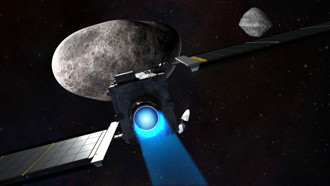 An artist's representation of NASA's DART spacecraft flying toward the twin asteroids, Didymos and Dimorphos. The larger asteroid, Didymos, was discovered by UArizona Spacewatch in 1996. NASA/Johns Hopkins University Applied Physics Laboratory