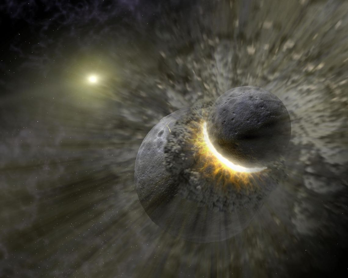 This artist concept illustrates two celestial bodies crashing into each other, creating a disc of mostly melted, partially vaporized rock that eventually became the moon. NASA/JPL-Caltech