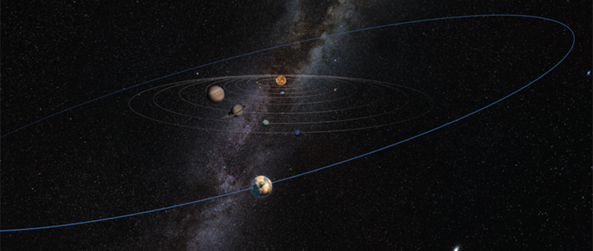 A yet to be discovered, unseen "planetary mass object" makes its existence known by ruffling the orbital plane of distant Kuiper Belt objects, according to research by Kat Volk and Renu Malhotra of the UA's Lunar and Planetary Laboratory. The object is pictured on a wide orbit far beyond Pluto in this artist's illustration. (Image: Heather Roper/LPL)