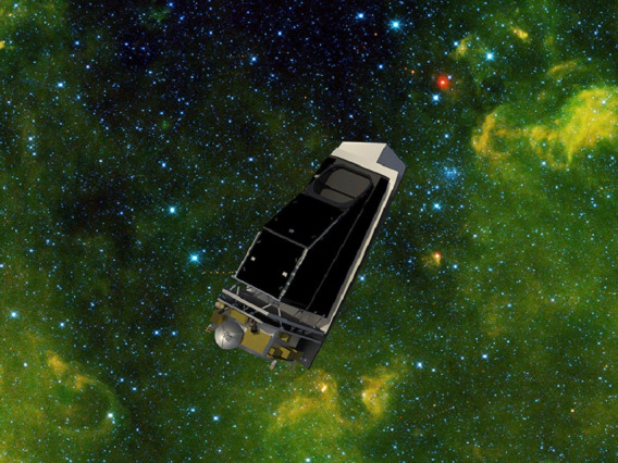 Illustration of NASA’s NEO Surveyor seen against an infrared observation of a starfield made by the WISE mission.