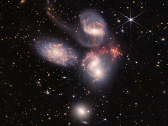 Mosaic of the visual grouping of five galaxies called Stephan's Quintet is Webb's largest image to date