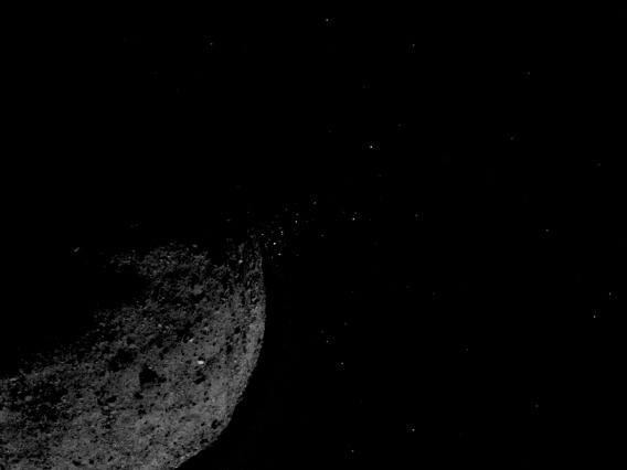 This view of asteroid Bennu ejecting particles from its surface on January 19, 2019, was created by combining two images taken by the NavCam 1 imager onboard NASA's OSIRIS-REx spacecraft. NASA/Goddard/University of Arizona/Lockheed Martin