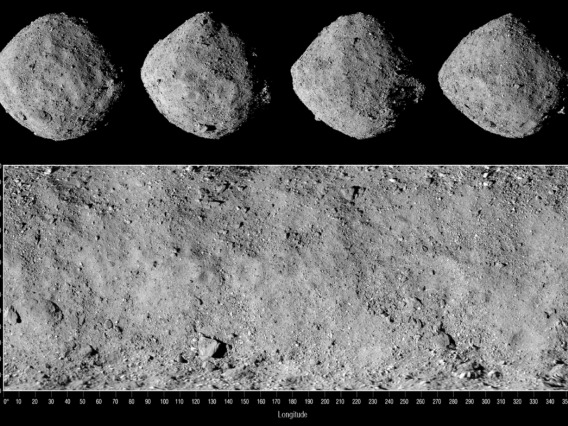 Image shows four views of asteroid Bennu along with a corresponding global mosaic. Images were taken on Dec. 2, 2018, by the OSIRIS-REx spacecraft’s PolyCam camera, which is part of the OCAMS instrument suite designed by UArizona scientists and engineers.