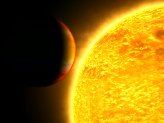 This illustration captures an exoplanet as it is about to cross in front of – or transit – its star. By analyzing light from the star through the planet's atmosphere, scientists can gather clues about its composition. NASA's Goddard Space Flight Center