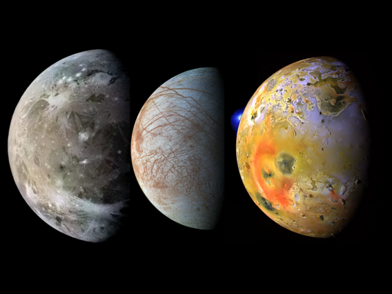 Ganymede, Europa, and Io (from left to right) are in resonant orbits around Jupiter, leading to intense tidal heating of Io, moderate heating of Europa, and perhaps past heating of Ganymede. Credit: NASA/Jet Propulsion Laboratory