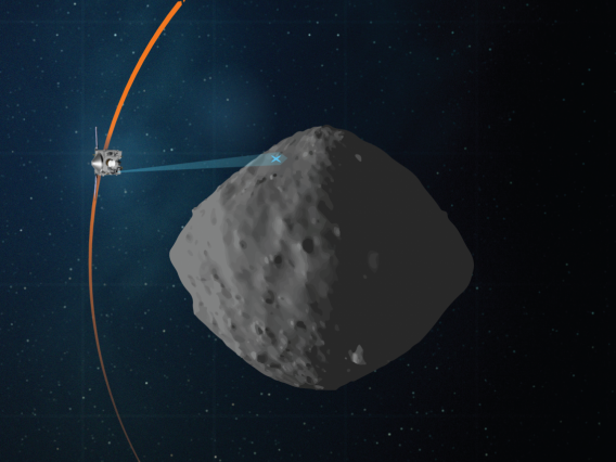 This artist's concept shows the planned flight path of NASA’s OSIRIS-REx spacecraft during its final flyby of asteroid Bennu, which is scheduled for April 7.NASA/Goddard/University of Arizona