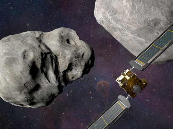 Illustration of the Double Asteroid Redirection Test (DART) mission and its target, Dimorphos, a moonlet of the asteroid Didymos. Credit: NASA/Johns Hopkins APL/Steve Gribben