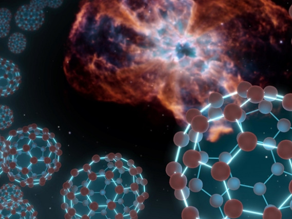 An artist's conception showing spherical carbon molecules known as buckyballs coming out from a planetary nebula — material shed by a dying star. Researchers at the University of Arizona have now created these molecules under laboratory conditions thought