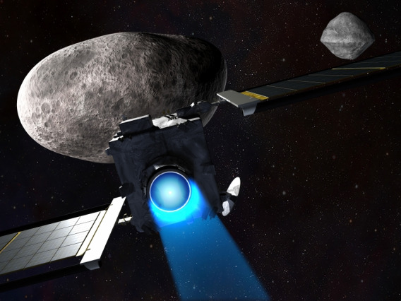 Artist's representation of NASA's DART spacecraft flying toward the twin asteroids, Didymos and Dimorphos. The larger asteroid, Didymos, was discovered by UArizona Spacewatch in 1996.NASA/Johns Hopkins University Applied Physics Laboratory