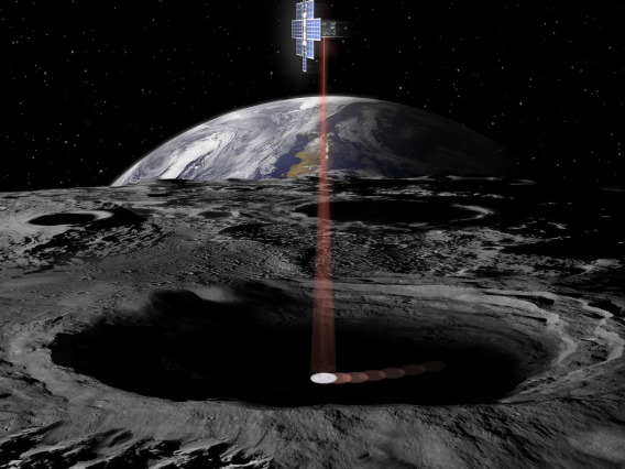 Artist’s illustration of the Lunar Flashlight spacecraft firing its lasers toward the moon’s surface.