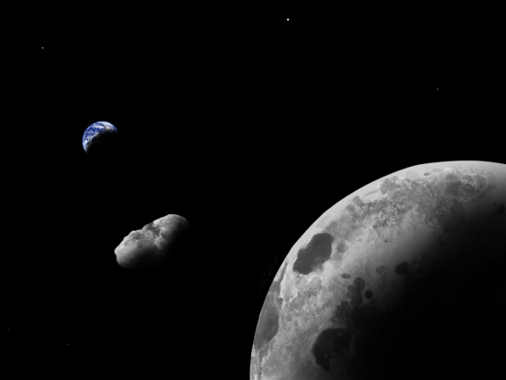An artist's impression of Earth quasi-satellite Kamo`oalewa near the Earth-moon system. Using the Large Binocular Telescope, astronomers have shown that it might be a lost fragment of the moon.