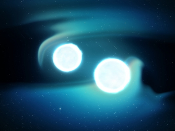 An artist's conception of two merging neutron stars creating ripples in space time known as gravitational waves. (Image: NASA)