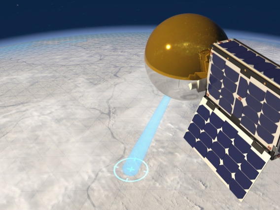 Artist's impression of CatSat with its antenna inflated in orbit around Earth.