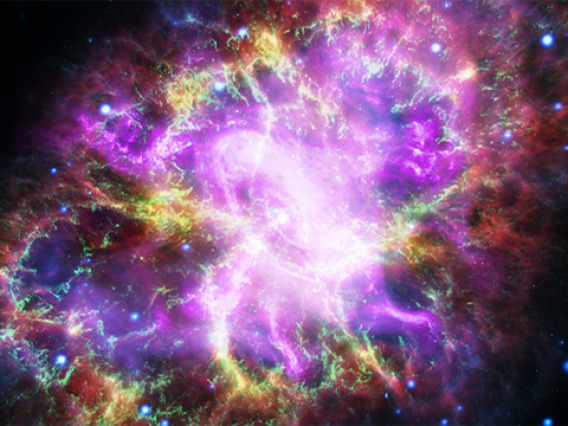 This composite image of the Crab Nebula was assembled with arbitrary color scaling by combining data from five telescopes spanning nearly the entire electromagnetic spectrum. (Image credits: NASA, ESA, NRAO/AUI/NSF and G. Dubner/University of Buenos Aires)