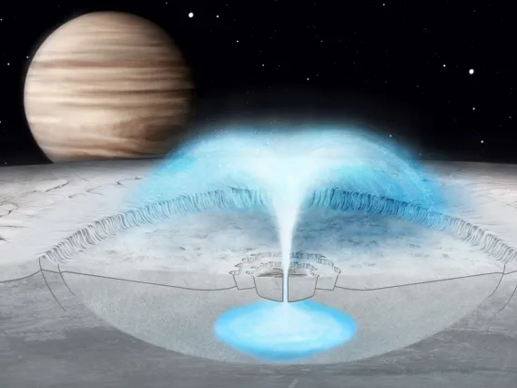 This artist’s conception of Jupiter’s icy moon Europa shows a hypothesized cryovolcanic eruption, in which briny water from within the icy shell blasts into space. A new model of this process on Europa may also explain plumes on other icy bodies. Justice Blaine Wainwright
