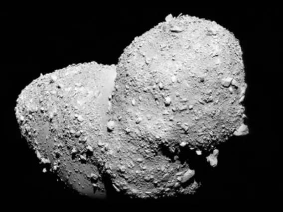Asteroid Itokawa as seen by the Hayabusa spacecraft. The peanut-shaped S-type asteroid measures approximately 1,100 feet in diameter and completes one rotation every 12 hours.
