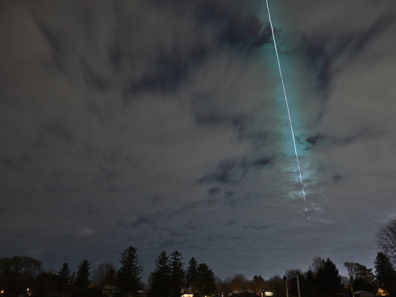 Time-lapse photograph by Robert Weryk his home in London, Ontario, Canada of fireball streaking directly overhead and continued east until it broke up.