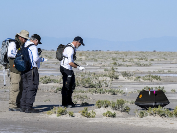 Dante Lauretta (right), UArizona Regents Professor and OSIRIS-REx principal investigator, collects science data with NASA Astromaterials Curator Francis McCubbin and NASA Sample Return Capsule Science Lead Scott Sandford