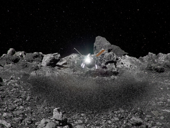 Artist's impression of the OSIRIS-REx spacecraft kicking up rocks during sample collection on asteroid Bennu's surface. NASA’s Goddard Space Flight Center/CI Lab/Jonathan North