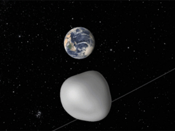A still from a simulation of asteroid 2016 HO3 in an orbit around Earth.