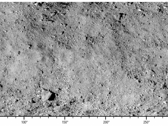 This global map of asteroid Bennu’s surface is a mosaic of images collected during OSIRIS-REx’s Preliminary Survey phase using the spacecraft’s long-range PolyCam camera. Latitude and longitude measurements are shown along the sides of the mosaic.NASA/Goddard/University of Arizona