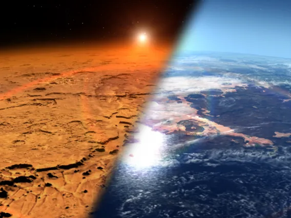 This artist's concept depicts the early Martian environment (right) – believed to contain liquid water and a thicker atmosphere – versus the cold, dry environment seen at Mars today (left). NASA's Goddard Space Flight Center