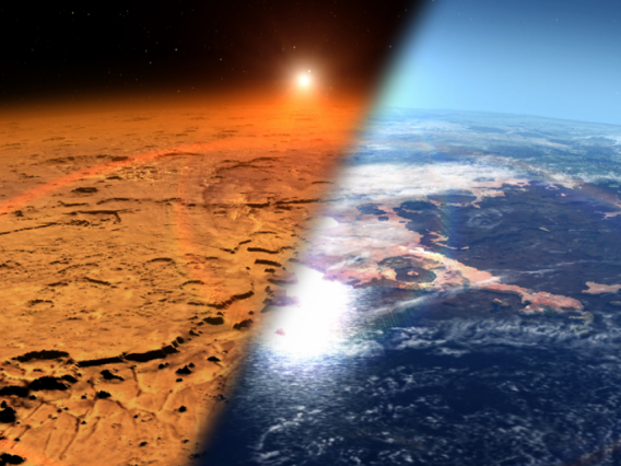 This artist's concept depicts the early Martian environment (right) – believed to contain liquid water and a thicker atmosphere – versus the cold, dry environment seen at Mars today (left). NASA's Goddard Space Flight Center
