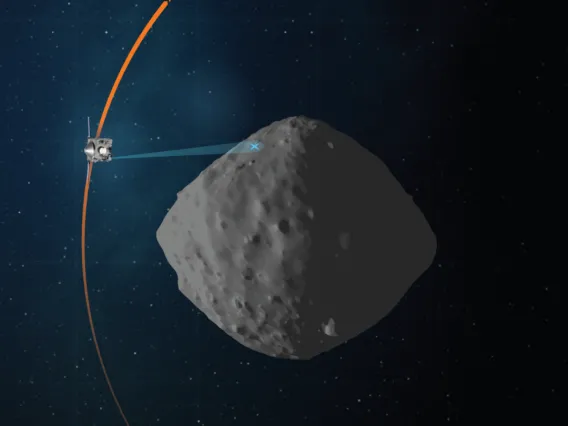 This artist's concept shows the planned flight path of NASA’s OSIRIS-REx spacecraft during its final flyby of asteroid Bennu, which is scheduled for April 7. NASA/Goddard/University of Arizona