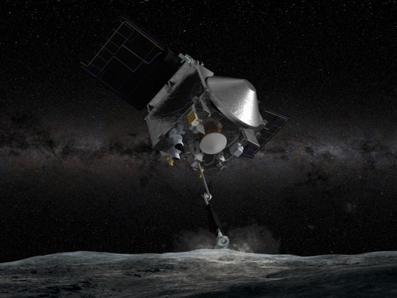The OSIRIS-REx spacecraft, depicted in an artist rendering, uses its Touch-And-Go Sample Acquisition Mechanism to touch the surface of the asteroid Bennu to collect a sample. A new gift will help the OSIRIS-REx team purchase a tool to examine the sample when it returns to Earth in 2023.