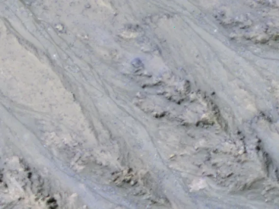 This 2011 view near the top of the southern rim of Tivat Crater comes from the HiRISE camera on NASA's Mars Reconnaissance Orbiter. It shows the inner slope of a crater on southern Mars with several of the seasonal dark streaks called "recurrent slope lineae," or RSL. A November report interprets those as granular flows, rather than darkening due to flowing water. (Image: NASA/JPL-Caltech/UA/USGS)
