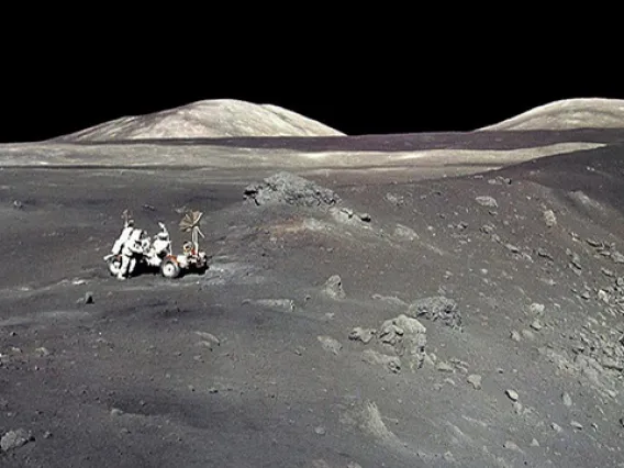 Apollo 17 astronaut Harrison “Jack” Schmitt stands next to a steep-walled crater named Shorty on Dec. 13, 1972. The UA's Jessica Barnes is among the scientists selected by NASA to be granted access to previously unopened samples, including some collected during NASA's last manned mission to the moon. (Photo: NASA)