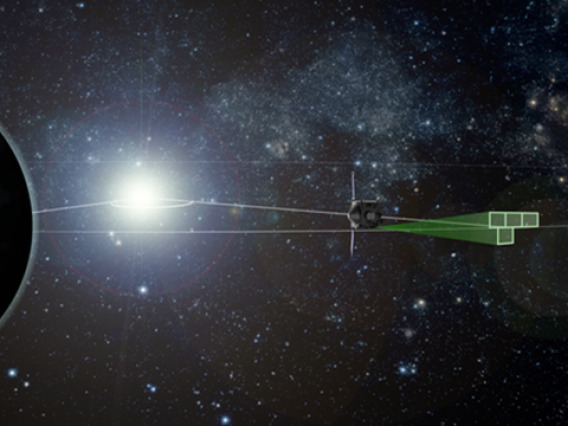 An artist’s rendering of the OSIRIS-REx spacecraft’s survey pattern during its Earth-Trojan asteroid search (not to scale). The search occurs Feb. 9-20 as the spacecraft transits the Earth’s L4 Lagrangian region. (Illustration: Heather Roper/UA)