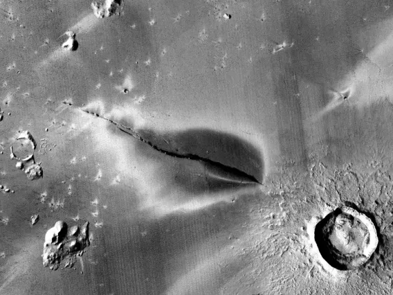 Recent explosive volcanic deposit around a fissure of the Cerberus Fossae system. NASA/JPL/MSSS/The Murray Lab
