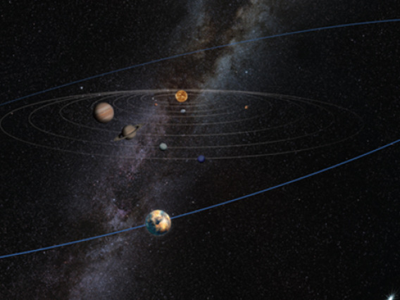 A yet to be discovered, unseen "planetary mass object" makes its existence known by ruffling the orbital plane of distant Kuiper Belt objects, according to research by Kat Volk and Renu Malhotra of the UA's Lunar and Planetary Laboratory. The object is pictured on a wide orbit far beyond Pluto in this artist's illustration. (Image: Heather Roper/LPL)
